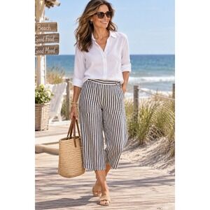 Ellen Tracy Blue/White Striped 100% Linen Crop Wide Leg Pants~ L ~Coastal Beach